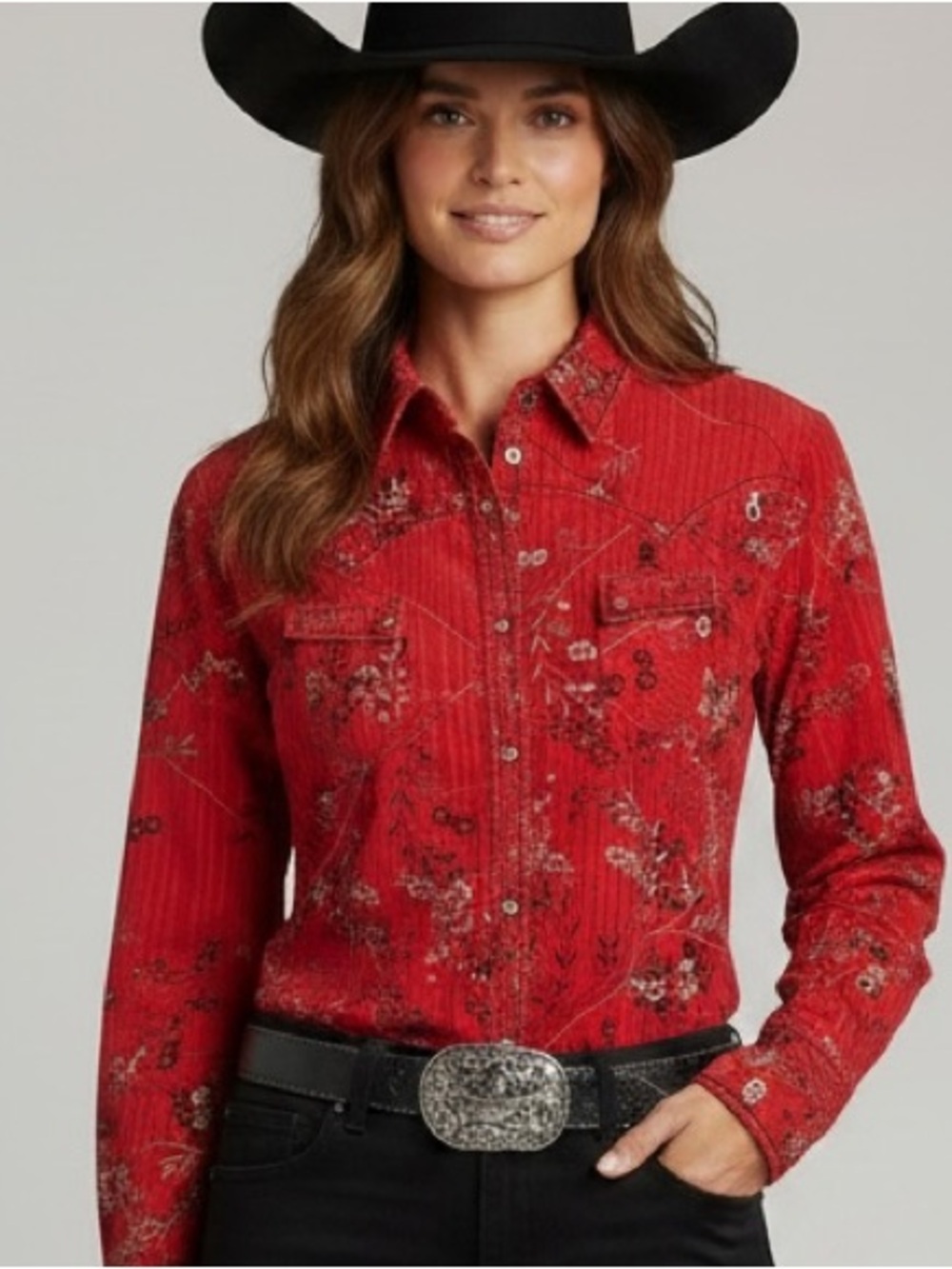 Adobe Rose Women’s Red Black Floral Button-Down Western Shirt Size Medium